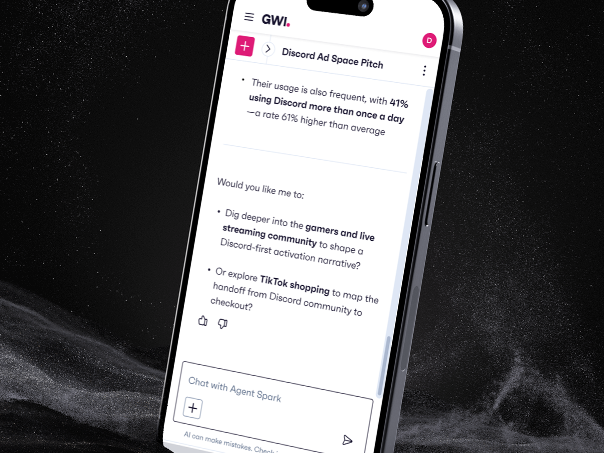 Next-step suggestions rendered as a markdown reply from Agent Spark
